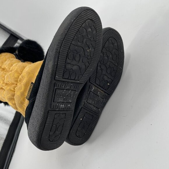 Coach Theona Gold Rabbit Fur Trim Winter Boots Womens 7B Logo Print Poof Zipper - Picture 7 of 10